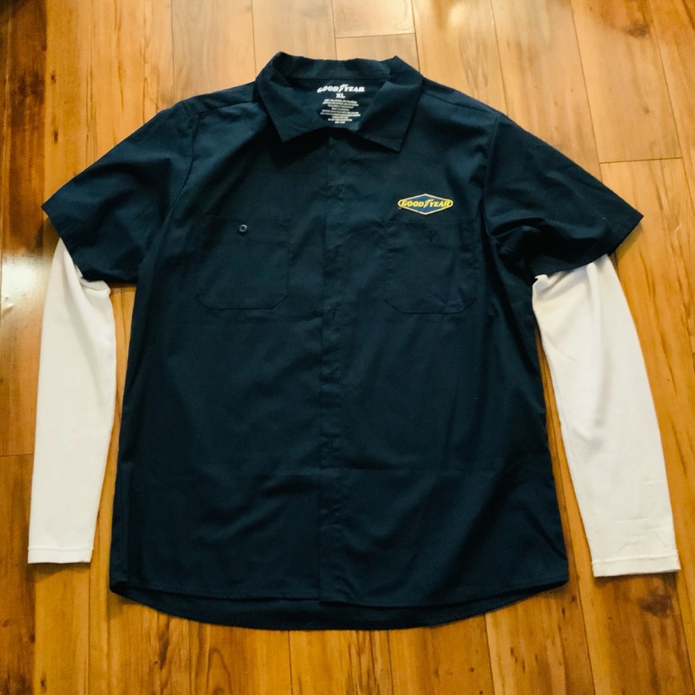 Men's Goodyear Black Short-Sleeve Work Shirt with White Layered Look